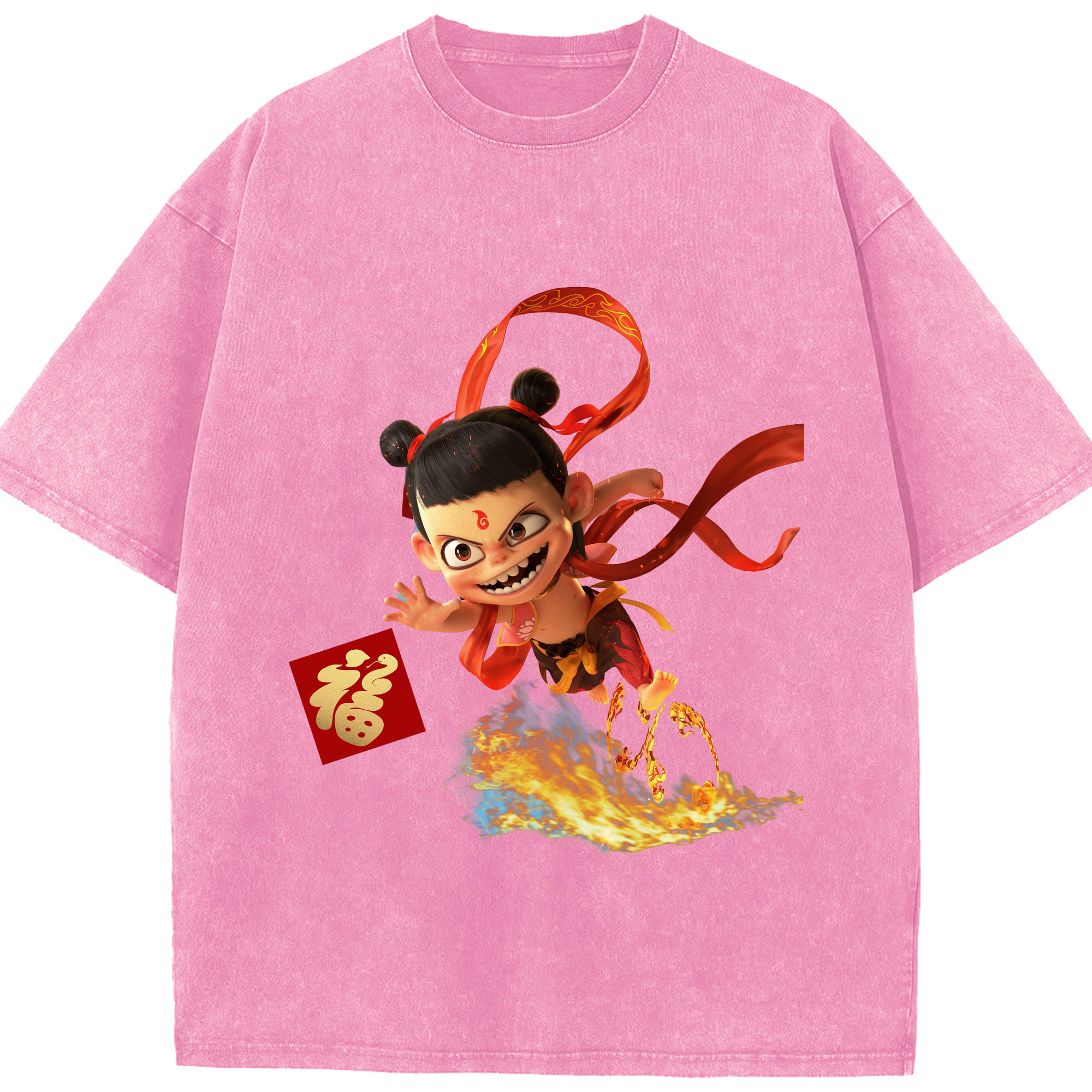 （画像用） Ne Zha 2 ナタ 魔童の大暴れ 綿100% ヴィンテージ風 半袖Tシャツ（フロントプリント）